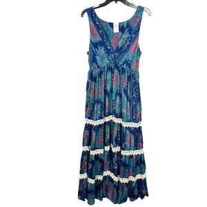 Shiva Silk Blend Maxi Dress Free Size One Size Blue Paisley Crochet Tiered